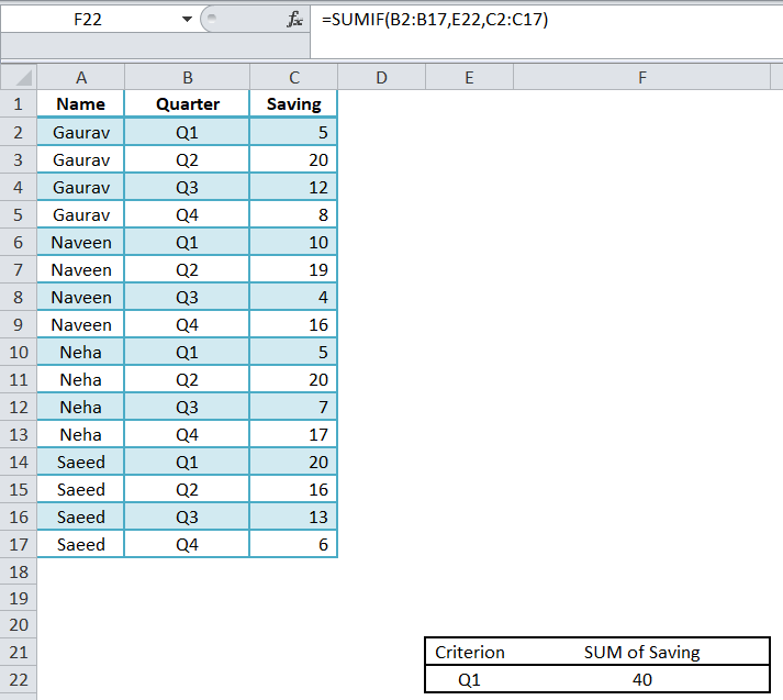 sumif function excel